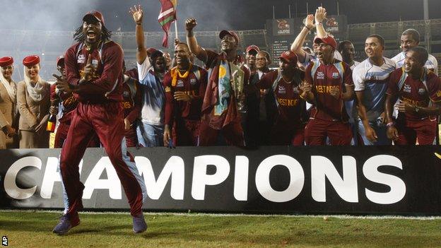 West Indies celebrate with the ICC World Twenty20 trophy