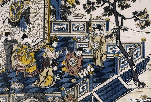 Tang Emperor Minghuang watches Li Bai compose his poems in this 17th Century woodcut (Copyright British Museum)