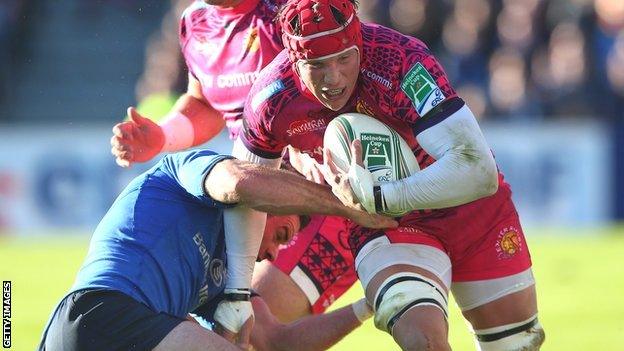 Exeter's Tom Johnson is halted by Leinster's Fergus McFadden