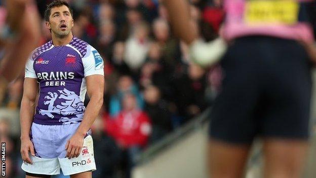 Gavin Henson fixes his gaze on the goalposts as London Welsh lose 68-19 to Stade Francais in the Amlin Challenge Cup in Oxford