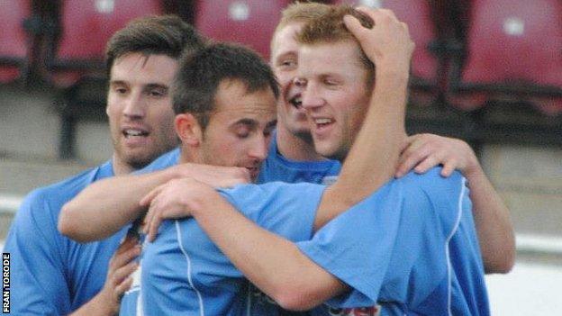 Dominic Heaume is congratulated after giving Guernsey the lead