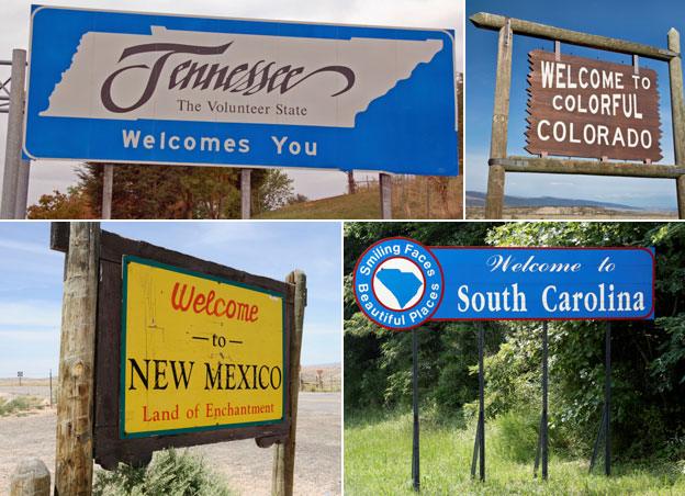 Welcome signs to US states - Tennassee (Volunteer State), Colorado (Colourful), South Carolina (Smiling Faces, Beautiful Places) and New Mexico (Land of Enchantment)