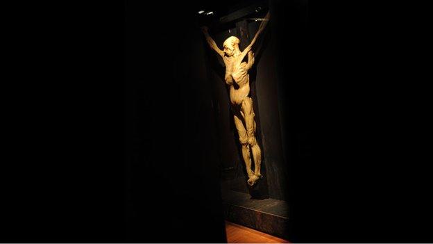 A wax cast of a crucified corpse on display at the Museum of London