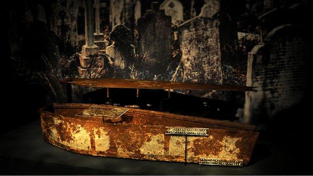 An iron coffin found in the crypt at St Bride’s church in Fleet Street, London, on display at the Museum of London