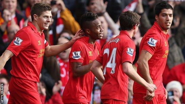 Raheem Sterling (second left) celebrates his goal for Liverpool