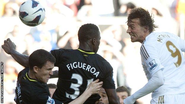 Miguel Michu scores against Wigan Athletic