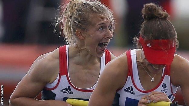 Katherine Copeland (left) wins gold with Sophie Hosking at London 2012