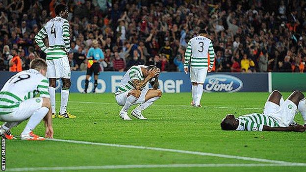 Celtic lost to an injury-time goal at the Nou Camp