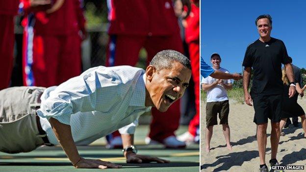 Barack Obama doing a push up (l) and Mitt Romney in shorts on a beach (r)