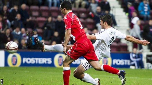 John Sutton fired in a last-gasp equaliser for Hearts against Ross County