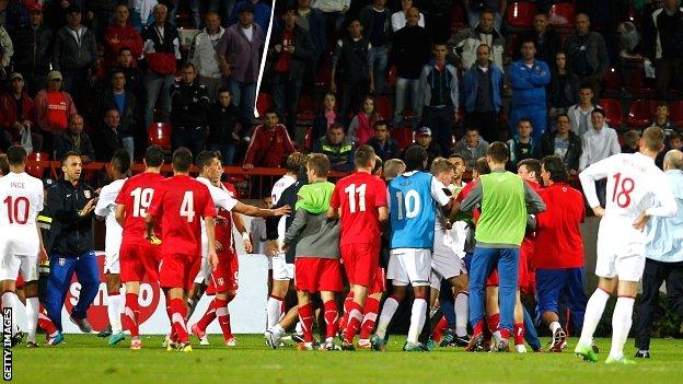 The Euro 2013 play-off ended in a mass brawl in Krusevac