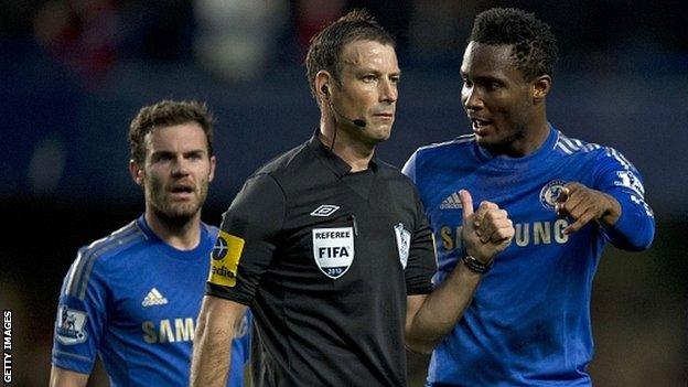 Juan Mata, Mark Clattenburg and John Mikel Obi