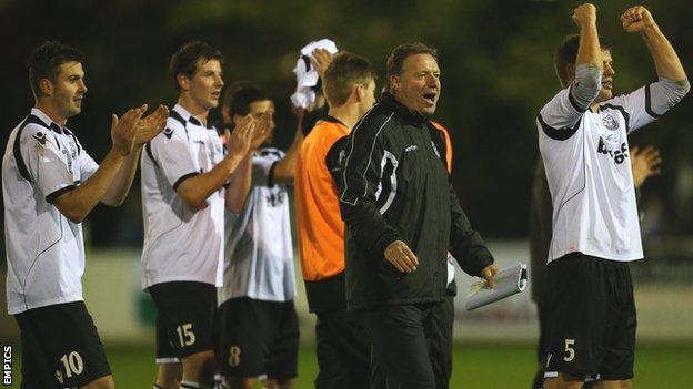 Cambridge City celebrate their FA Cup first-round draw with MK Dons