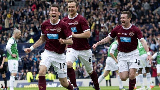 Hearts celebrate as they defeat Hibs 5-1 in last season's final