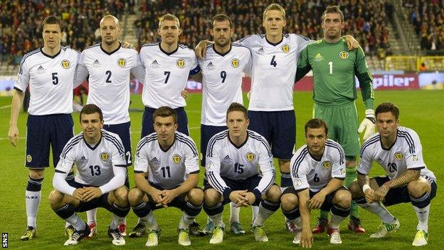 The Scotland team line up before the 2-0 defeat by Belgium