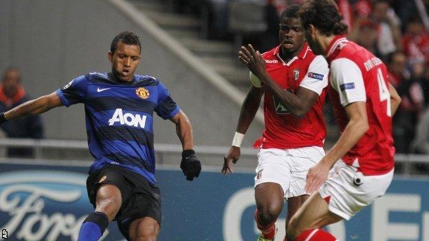 Nani (left) playing for Manchester United against Braga