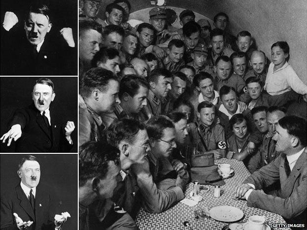 Montage of Adolf Hitler images - inc sitting amongst a band of National Socialist youth members all crowded into a small room
