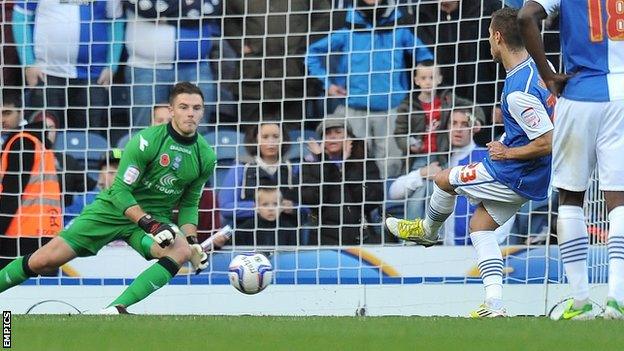 Ruben Rochina puts Blackburn ahead from the penalty spot against Birmingham