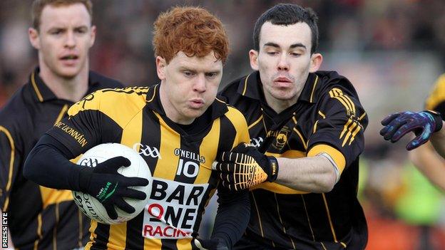 Crossmaglen's two-goal hero Kyle Carragher is challenged by St Eunan's Conor Park