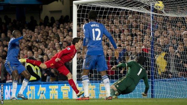 Luis Suarez scores for Liverpool against Chelsea