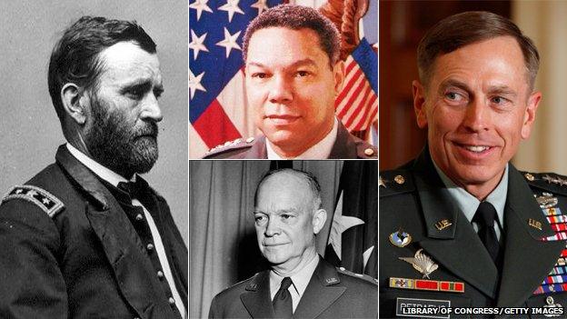 Famous American generals: Clockwise from left, Grant, Powell, Petraeus and Eisenhower