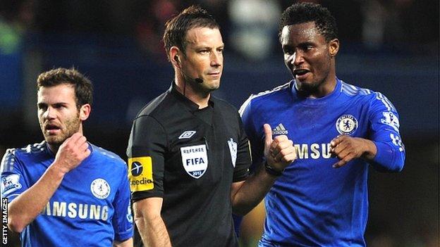 Juan Mata, Mark Clattenburg and Jon Obi Mikel