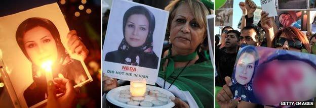 Campaigners using Neda Soltani's photo (Getty) NB the image of Neda Agha-Soltan on the protester's placard has been blurred