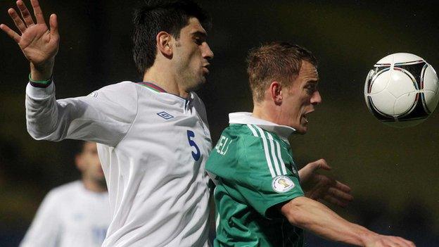 Azerbaijan defender Rasim Ramaldanov challenges Dean Shiels