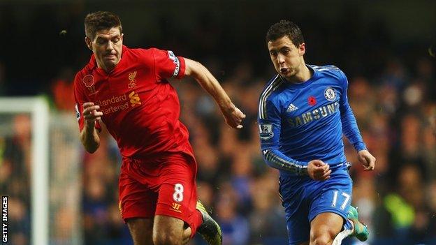 Liverpool's Steven Gerrard and Chelsea's Eden Hazard