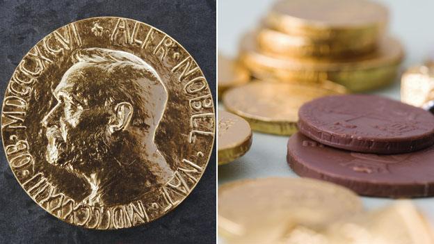 A Nobel Prize medal and some chocolate coins