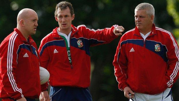 Shaun Edwards, Robert Howley and Warren Gatland help coach the 2009 Lions in South Africa