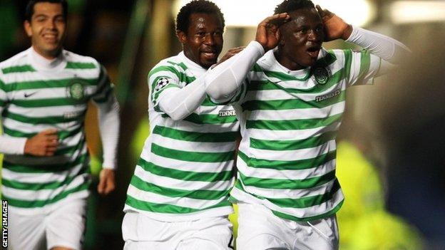 Victor Wanyama celebrates hos Champons League goal agaisnt Barceloan