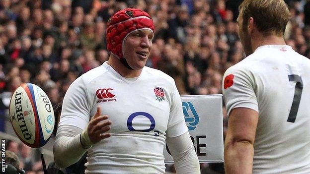 Tom Johnson celebrates his first England try with Chris Robshaw