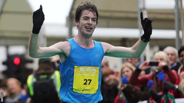 Paul Pollock crosses the line at the recent Dublin Marathon