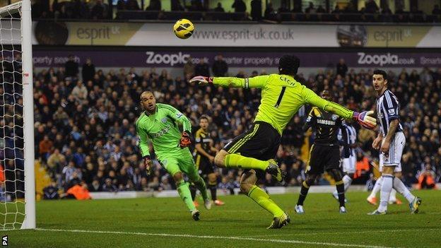 Albion keeper Boaz Myhill watches anxiously as opposite number Petr Cech fails to connect with a late chance in Chelsea's 2-1 defeat at The Hawthorns