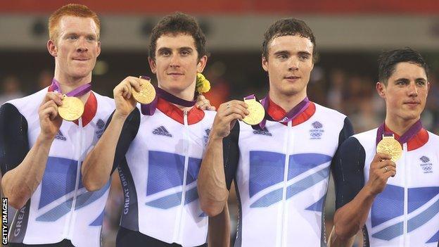 Geraint Thomas (second from left) with fellow Great Britain team pursuit Olympic gold medal winners Edward Clancy, Steven Burke and Peter Kennaugh