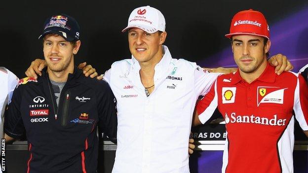 Sebastian Vettel, Michael Schumacher and Fernando Alonso