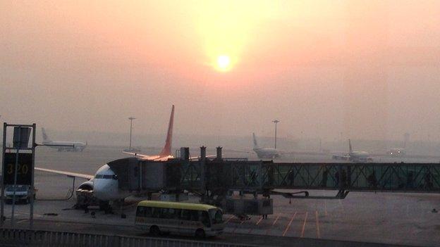 A smoggy Beijing Airport