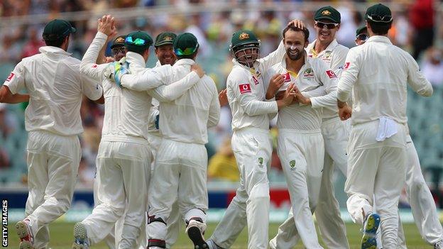 Nathan Lyon celebrates a wicket