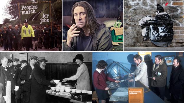 Clockwise, from top left: 'People's March for Jobs from Liverpool to London in 1981, the character Frank Gallagher from Shameless (image: Channel 4), Jef Aerosol's graffiti beggar, a dole office queue for supplementary benefit and a 1924 soup kitchen