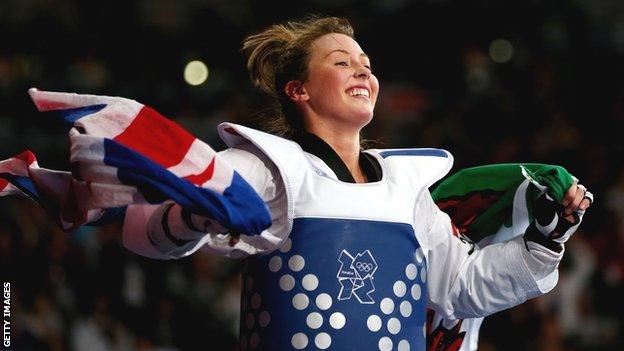 Jade Jones celebrates winning an Olympic gold medal at taekwondo