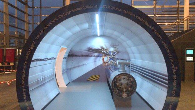 The replica of a section of the Large Hadron Collider on show in the Senedd
