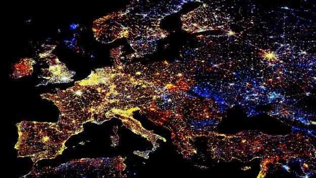 Light pollution over Europe at night