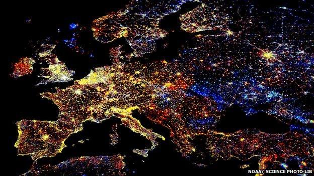 Light pollution over Europe at night