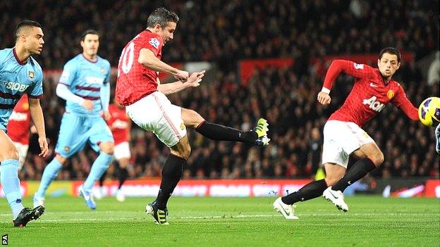 Robin van Persie scores for Manchester United against West Ham