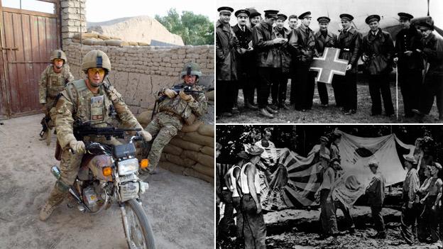Clockwise from left: Cpl Cartwright with captured Taliban motorbike; French soldiers with black cross insignia from downed German plane; WWII soldiers in New Guinea with Japanese flags