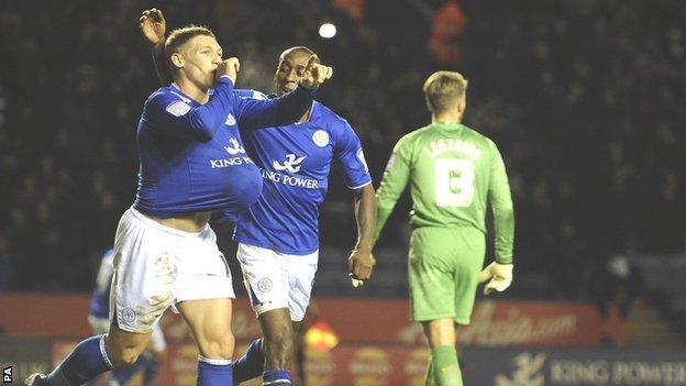 Leicester City's Martyn Waghorn (left) celebrates his goal against Derby County