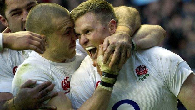 Mike Brown and Chris Ashton celebrate the latter's try