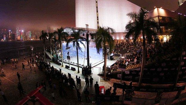 The all-glass open-air showcourt on the waterfront at Tsim Sha Tsui