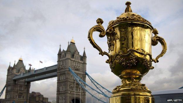 The Webb Ellis trophy, awarded to the winners of the Rugby World Cup